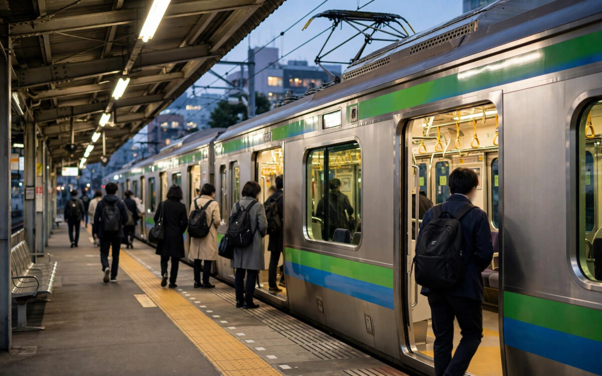 A commuter train at a railway station platform in Tokyo with passengers boarding.