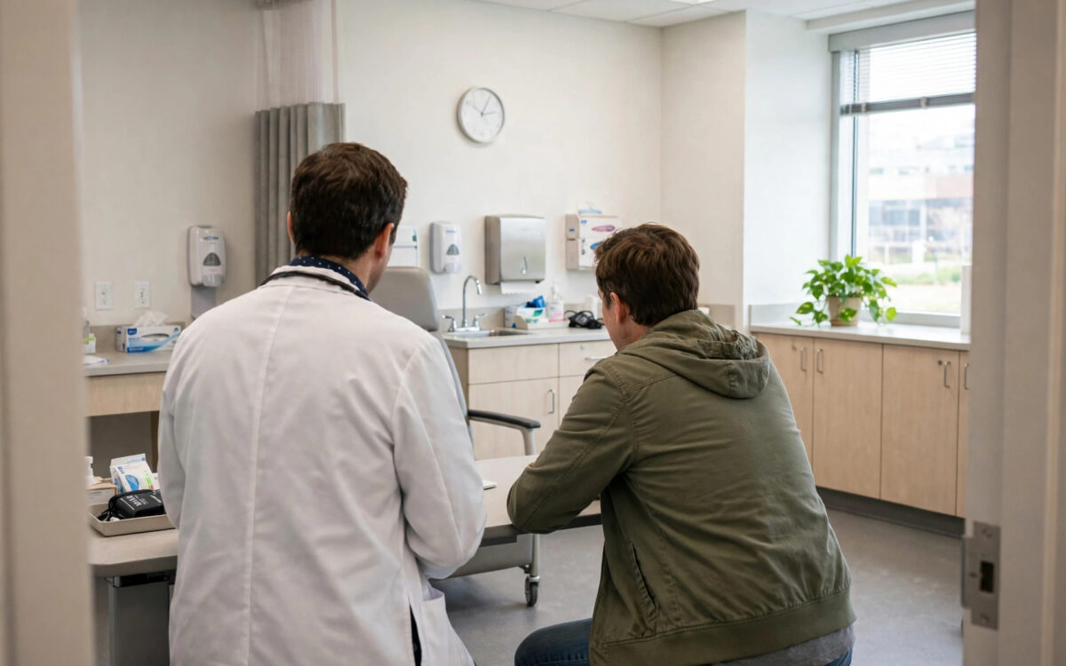 A doctor consulting with a patient in a bright hospital clinic room.