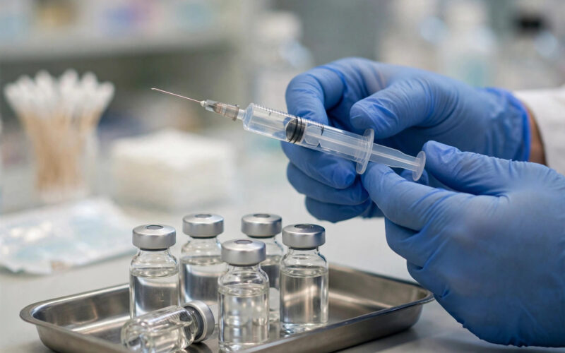 A pharmacist holding a syringe near vials in a pharmacy vaccine clinic.