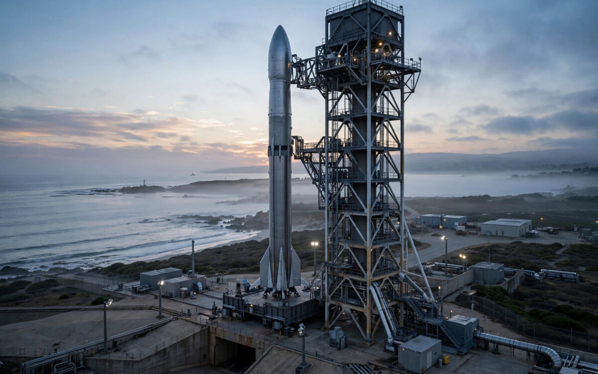A tall silver rocket standing on a launch pad at dawn with service structures nearby.