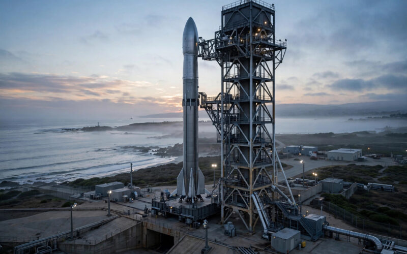 A tall silver rocket standing on a launch pad at dawn with service structures nearby.