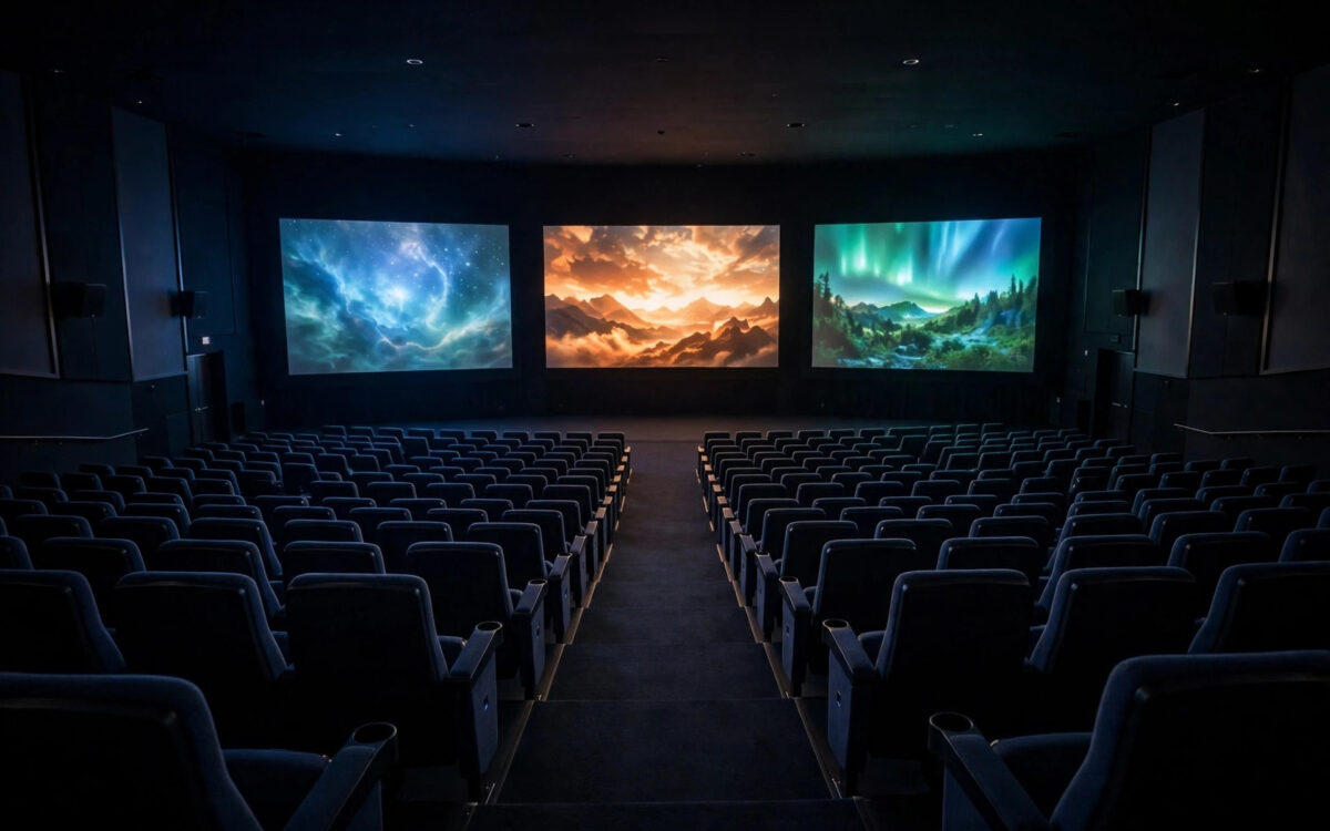 A row of cinema screens glowing in a dark movie theater auditorium.