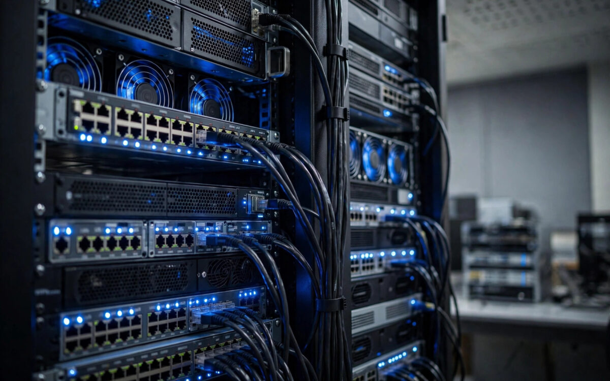 A close-up of computer servers with glowing lights in a university research lab.