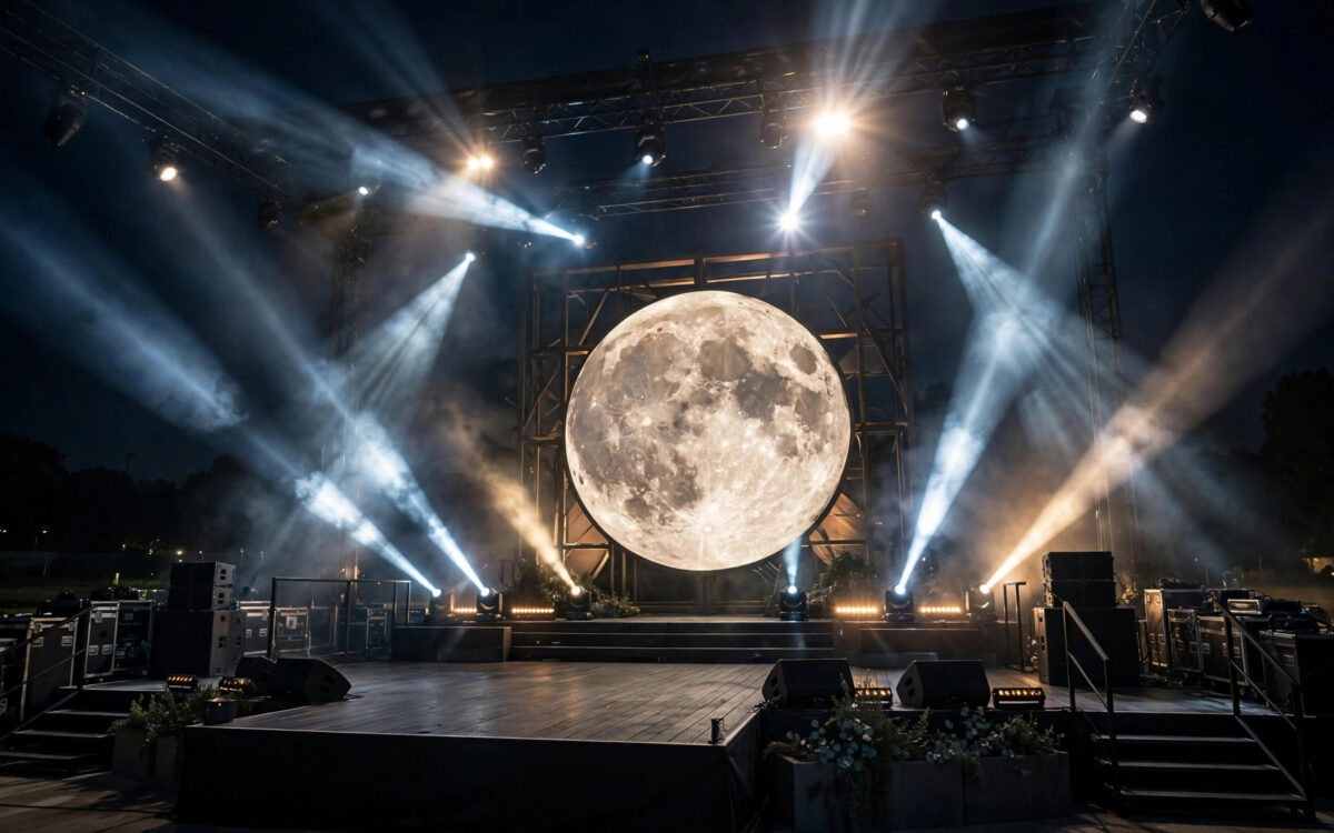 A brightly lit awards show stage with a moon-shaped trophy prop and spotlights.