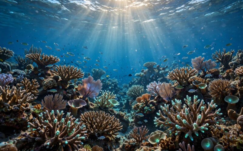 Vibrant coral reef garden glowing in deep blue ocean water