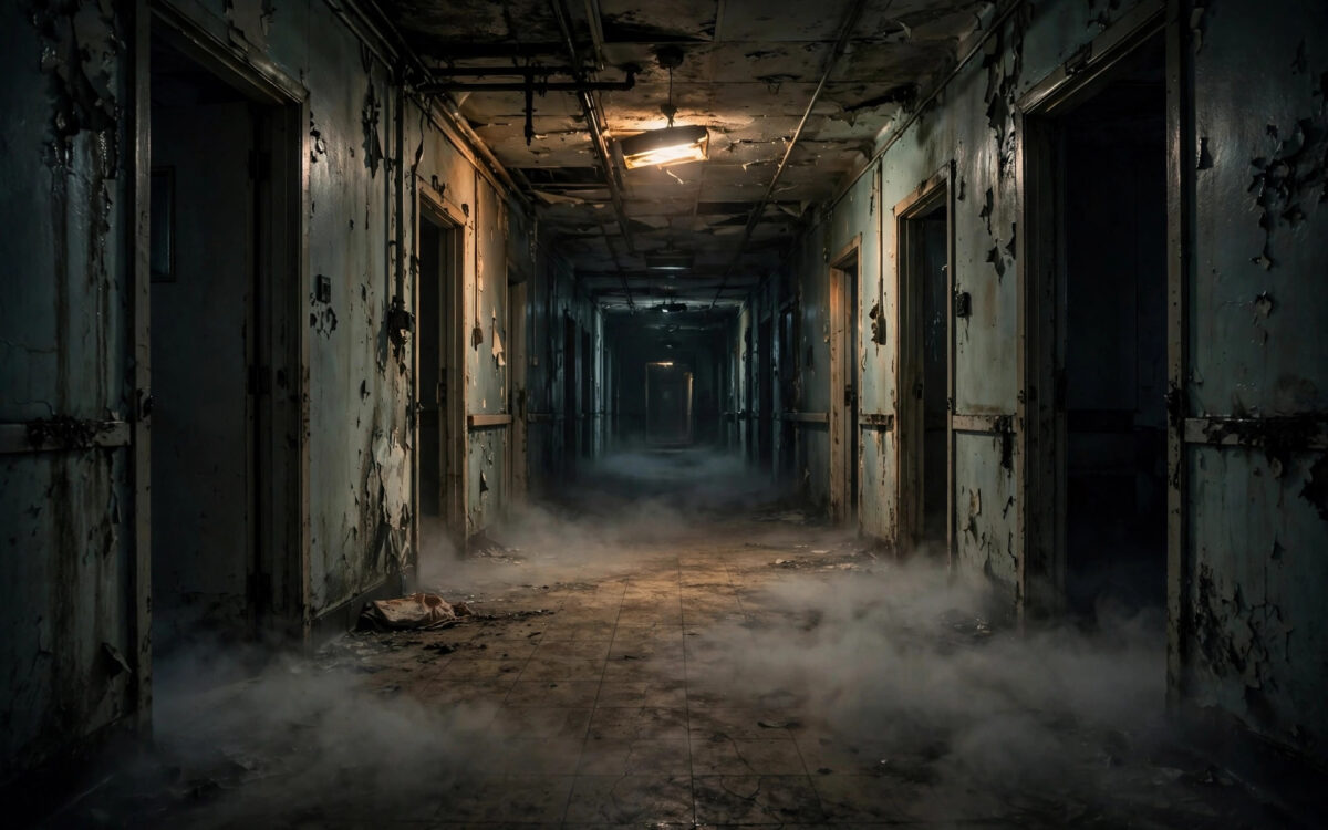 A dark abandoned hospital corridor with fog and flickering light, evoking a horror film setting.