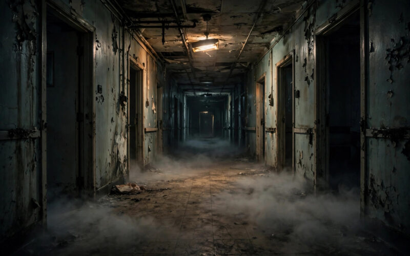 A dark abandoned hospital corridor with fog and flickering light, evoking a horror film setting.