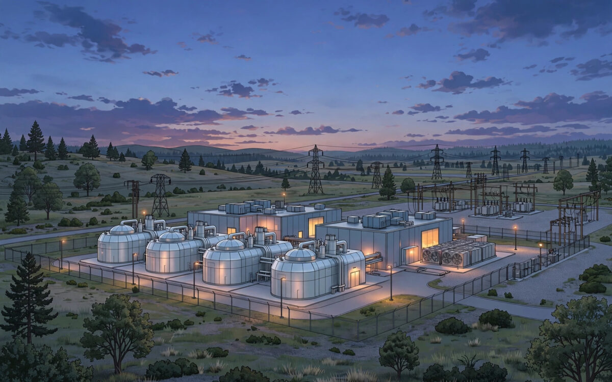 Illustration of a small modular nuclear reactor plant at dusk
