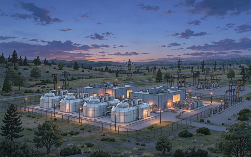 Illustration of a small modular nuclear reactor plant at dusk