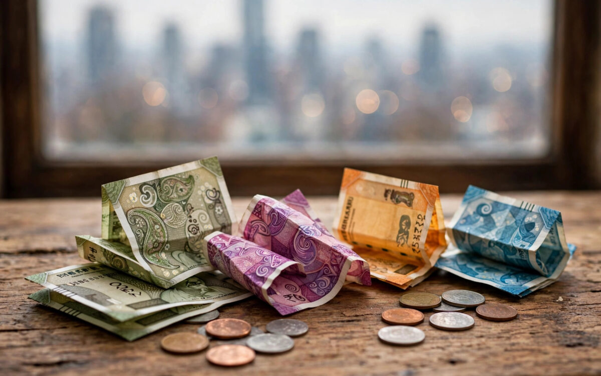 Indian rupee banknotes and coins arranged on a desk.