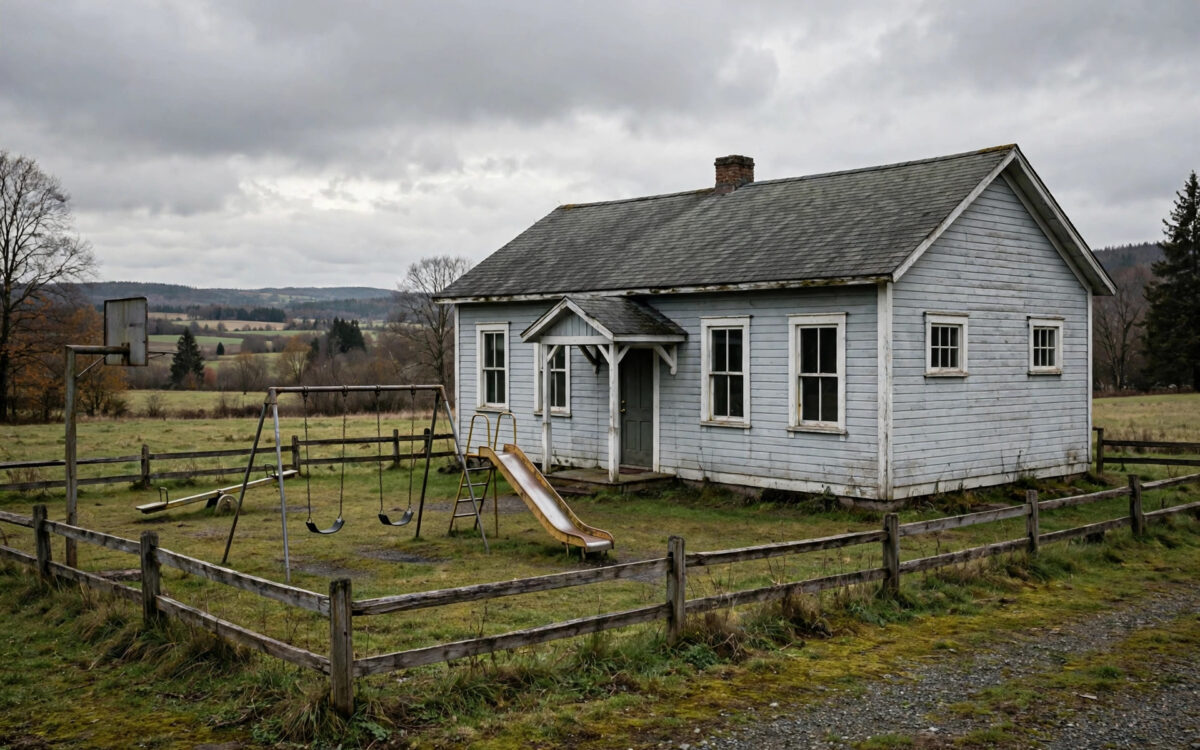 An empty rural school building with a quiet playground.