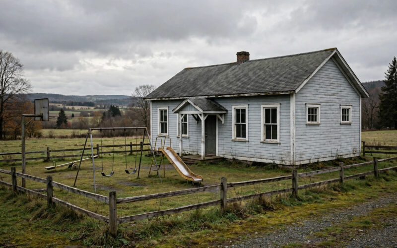 An empty rural school building with a quiet playground.