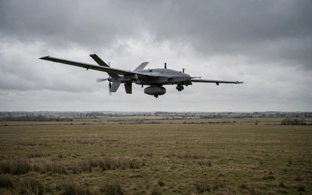 A drone flying over an open field.