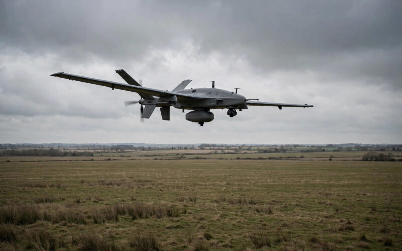 A drone flying over an open field.