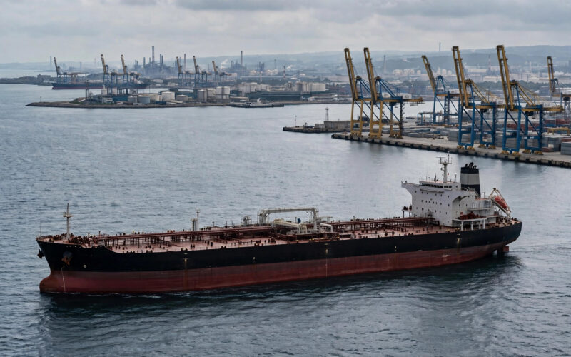 An oil tanker at sea near industrial port cranes.