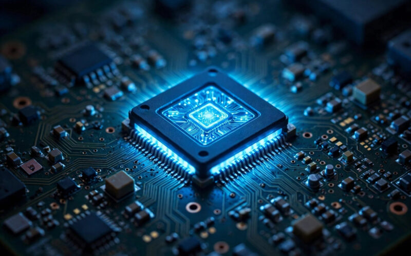 A glowing microchip on a circuit board.