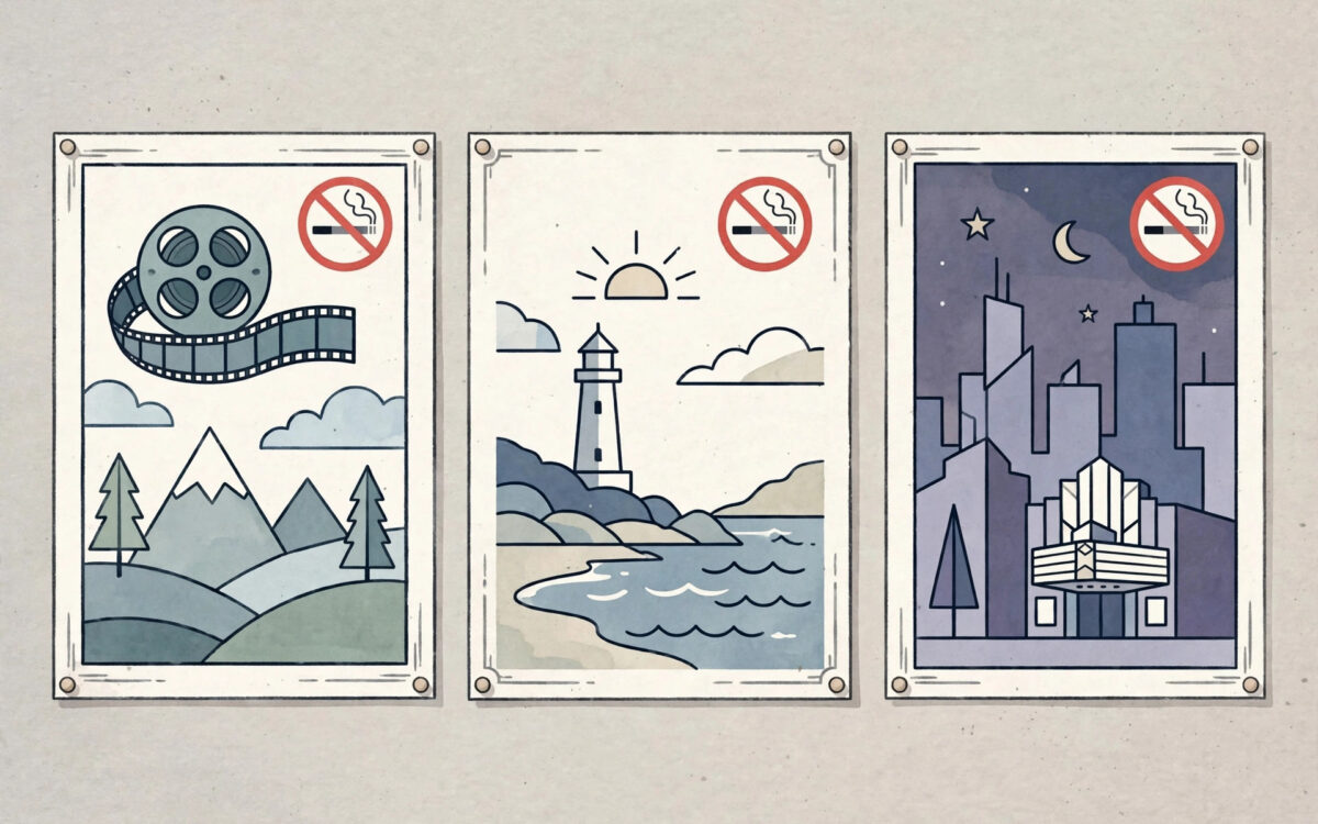 Illustration of stylised Bollywood movie posters with a no-smoking symbol