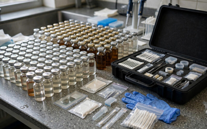 Sealed medicine bottles with a forensic testing kit on a lab bench, no people