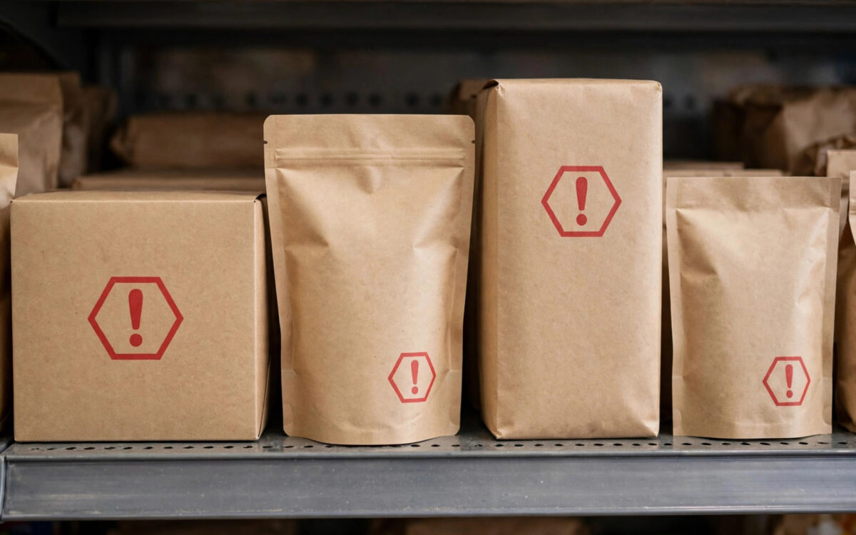 Generic packaged food items with a red hexagonal warning symbol on the front of the pack