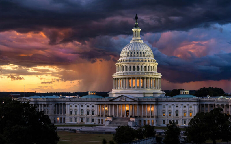The US Capitol dome at dusk ahead of a key House funding vote.
