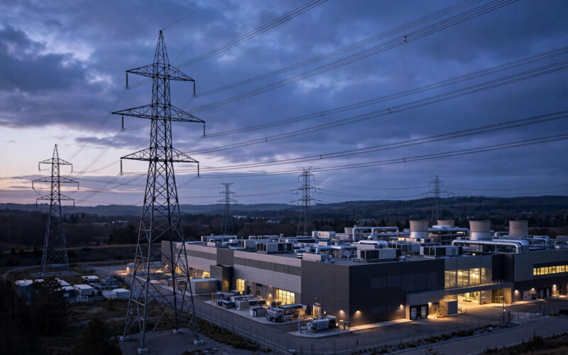 Power lines beside a data center at twilight.