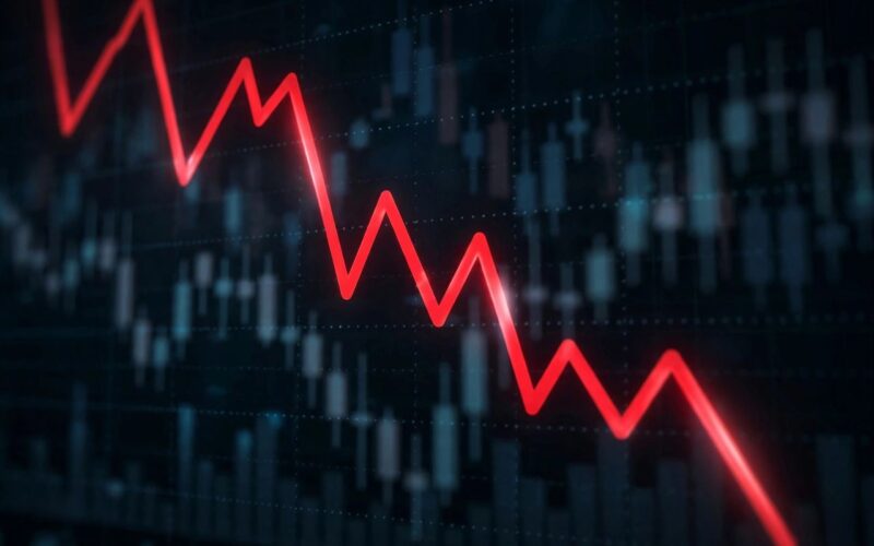 Stock market trading screen showing red downward chart line