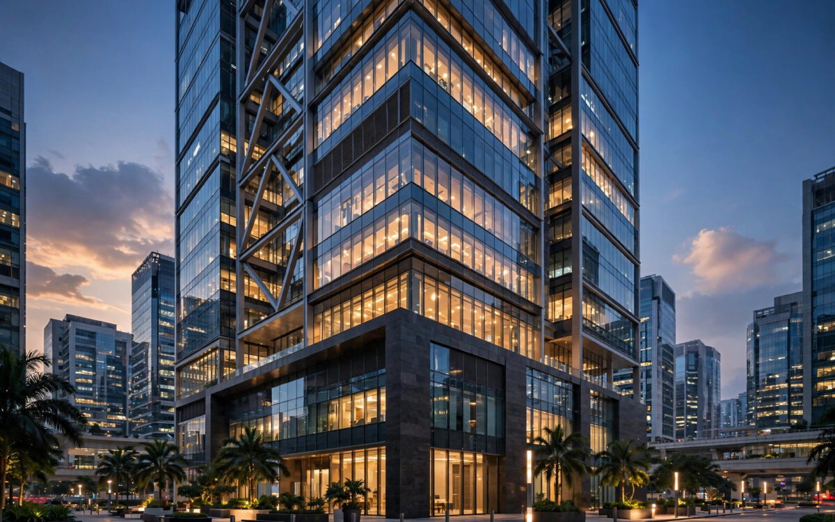A modern glass bank building photographed at dusk.