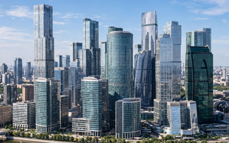 Glass office towers in a financial district.