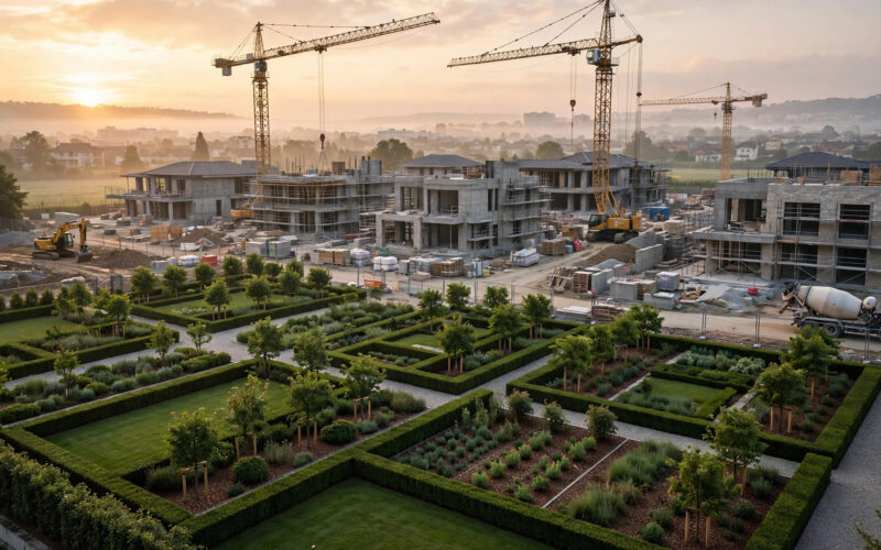 A luxury villa construction site with cranes photographed at sunrise.