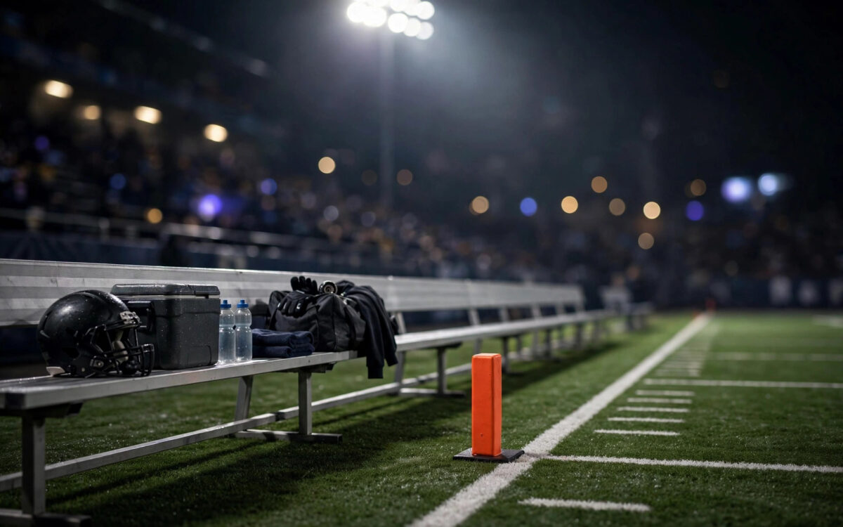 A college football sideline under floodlights at night with a blurred stadium crowd behind.