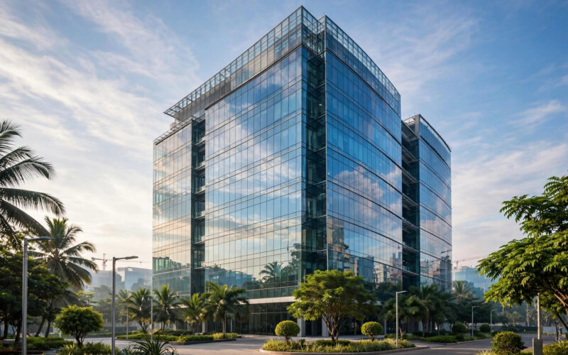 A modern glass IT office building photographed in the morning.