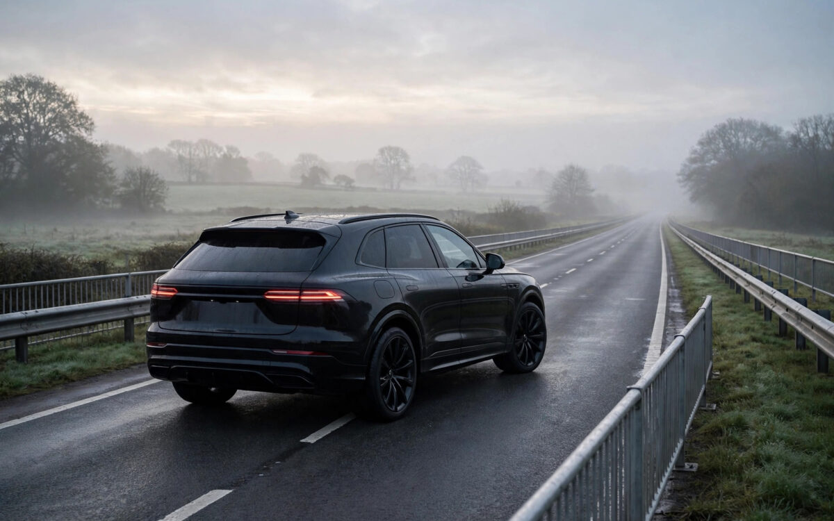 A black Lamborghini Urus on a British motorway at dawn, no people