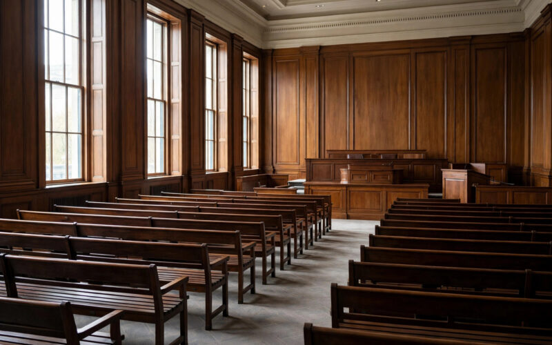 An empty federal courtroom interior with a judge's bench and rows of wooden benches in soft daylight.