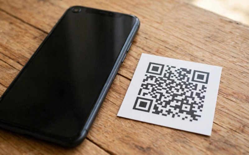 A smartphone beside a QR code on a table.