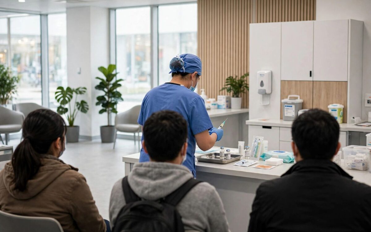 Healthcare worker preparing a vaccine in a bright clinic