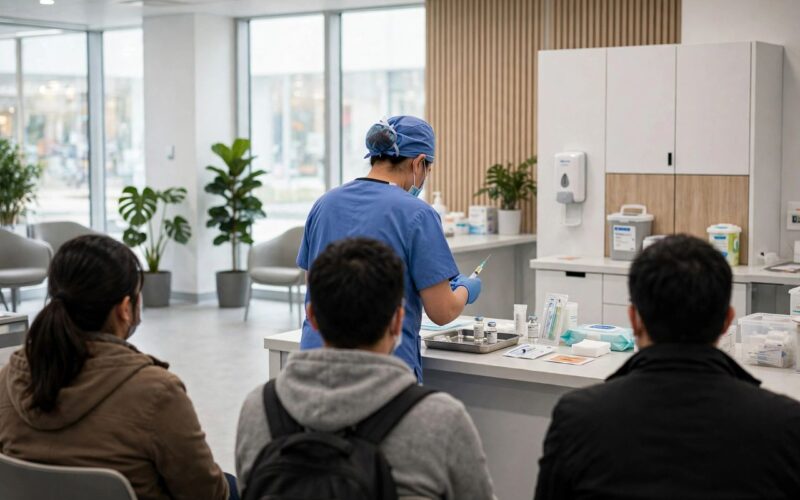 Healthcare worker preparing a vaccine in a bright clinic