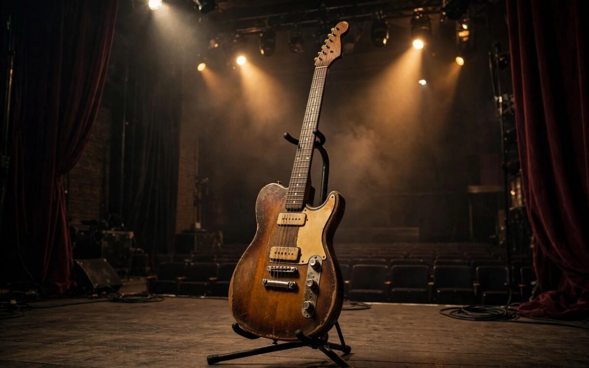 Vintage electric guitar on stage under concert spotlights