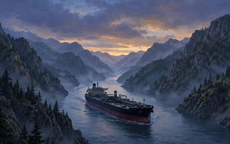 A dark oil tanker passing through a narrow sea strait at dusk.
