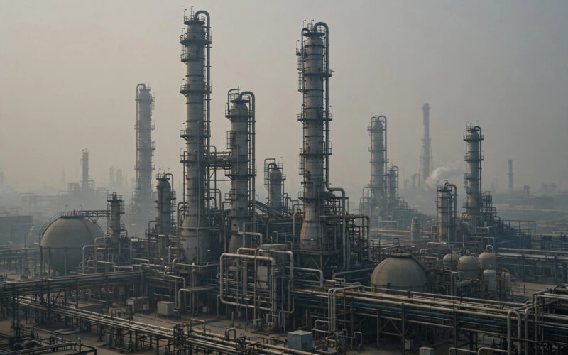 Oil refinery towers under a hazy sky.