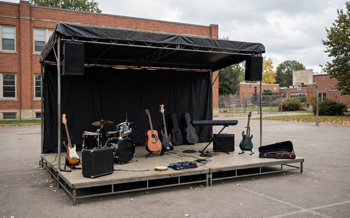 An outdoor stage with instruments set up in a schoolyard.