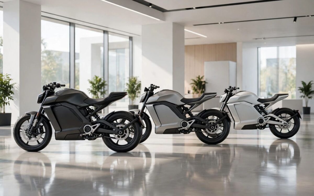Electric motorcycles displayed in a modern bright showroom