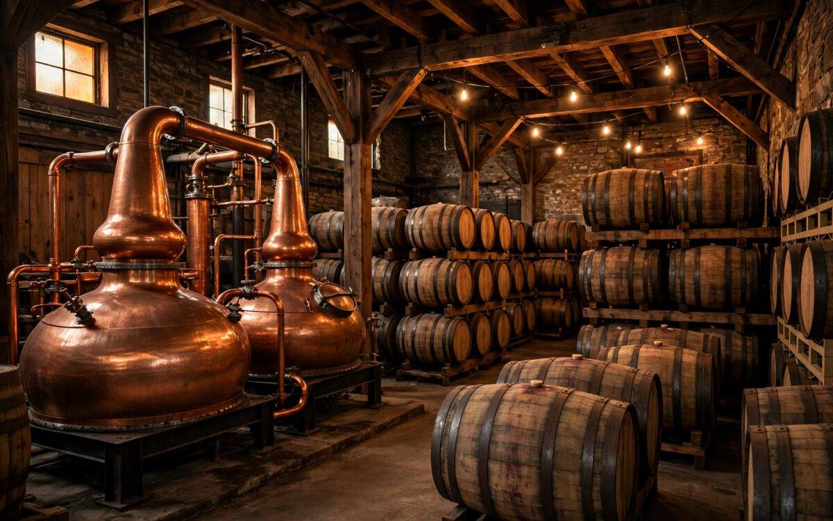 Copper stills and whiskey barrels inside a distillery warehouse.