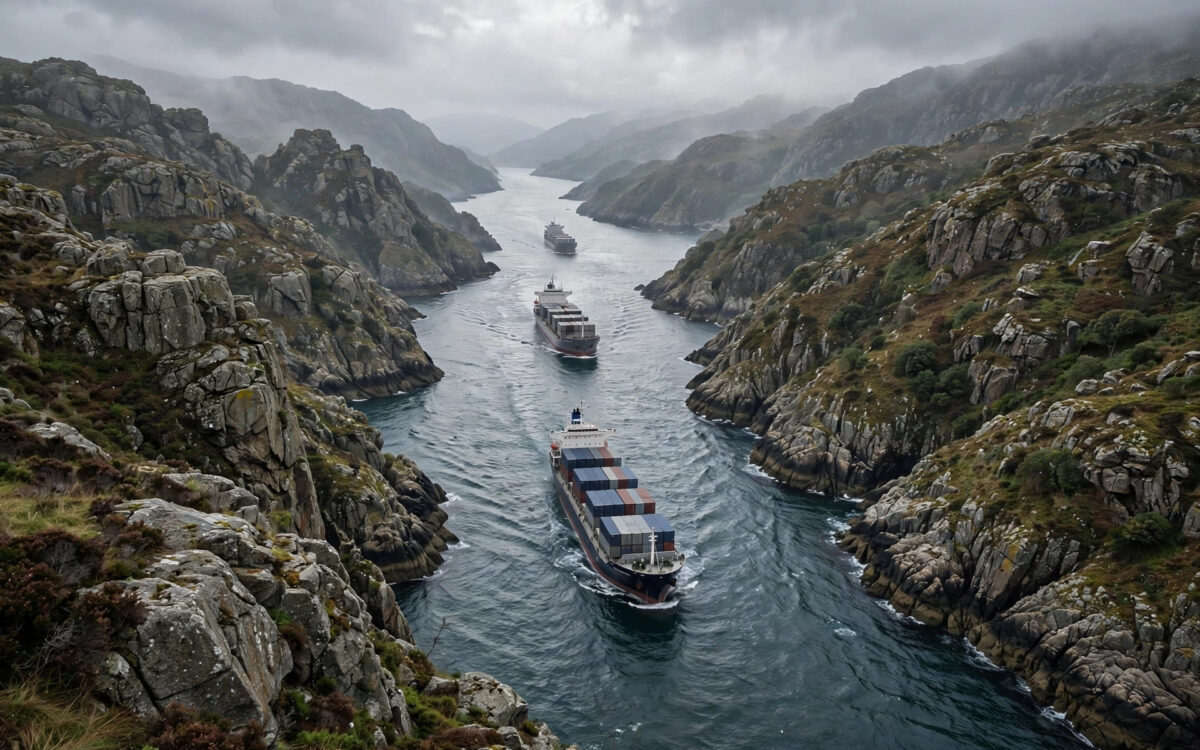 Cargo ships passing through a narrow strait.