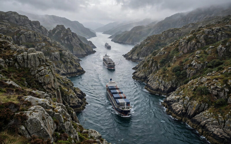 Cargo ships passing through a narrow strait.