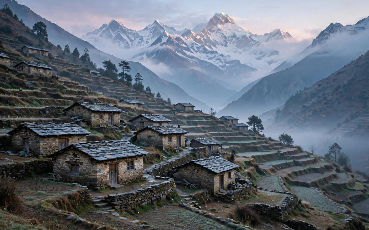 A remote Himalayan village with stone houses and snow peaks at dawn.