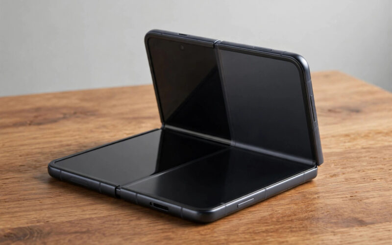 A book-style foldable smartphone half-open on a table