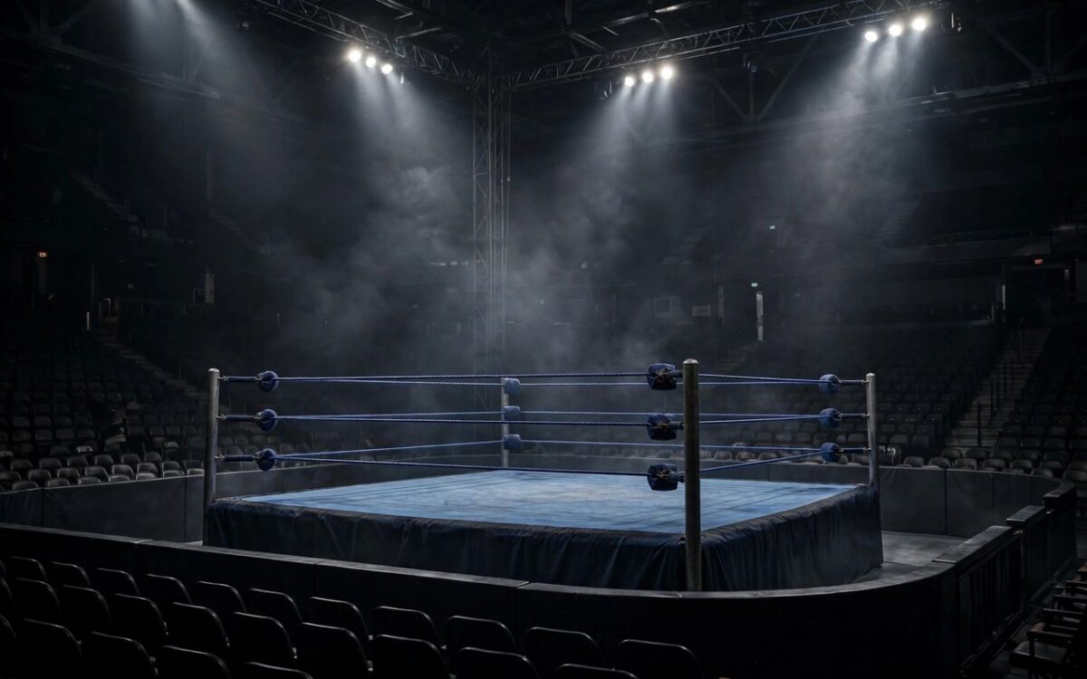 Empty professional wrestling ring under arena spotlights