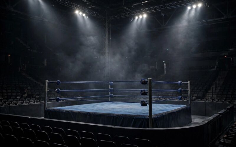 Empty professional wrestling ring under arena spotlights