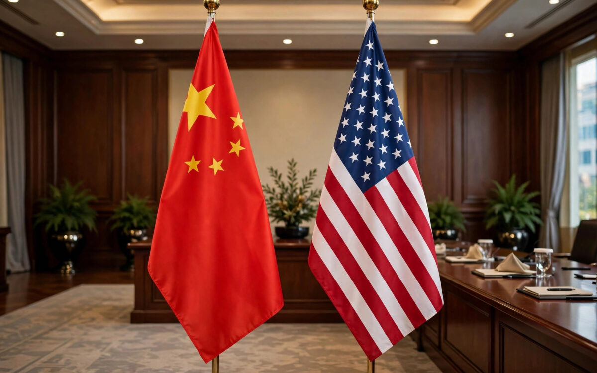 Chinese and US flags displayed side by side in a summit hall.