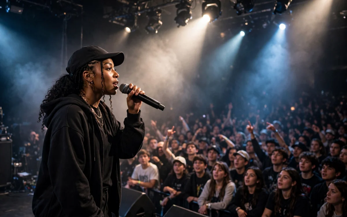 Hip-hop performer addressing a young audience on stage